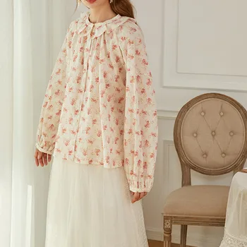 

New Floral Print Women Blouse Ruffles Trim O-neck Long Sleeve lady Sweet Shirt and Top