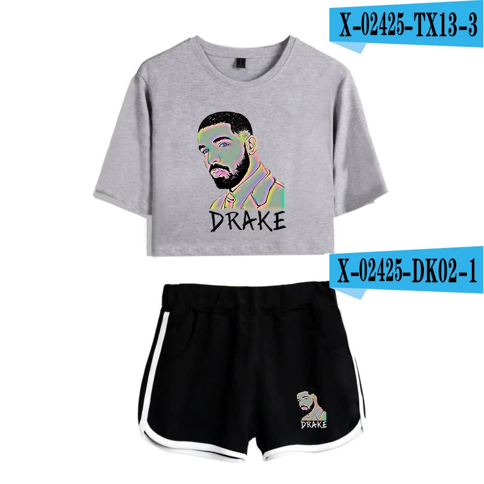 Drizzy Drake футболка шорты женский набор пупка короткий рукав кровати рубашки o-образным вырезом летние комплекты из двух частей Сексуальная женская рубашка kpop для девочек - Цвет: 5-6