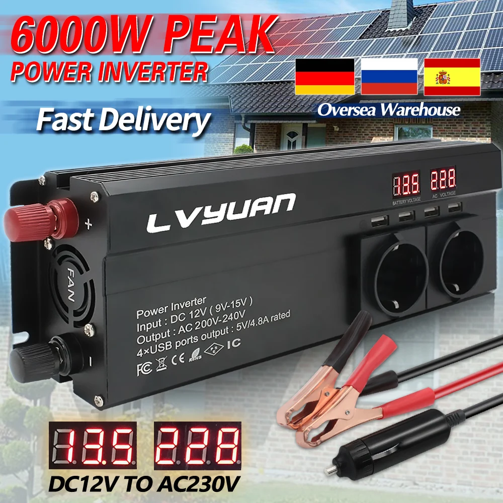 DC 12V to 220V 4000W 5000w 6000W Peak EU Socket LED Display Modified Sine Wave 4.8 A 4 USB 3 AC Car Adapter Power Inverter,vehicle inverter,car converter inverter,car inverter,car power converter,power inverter