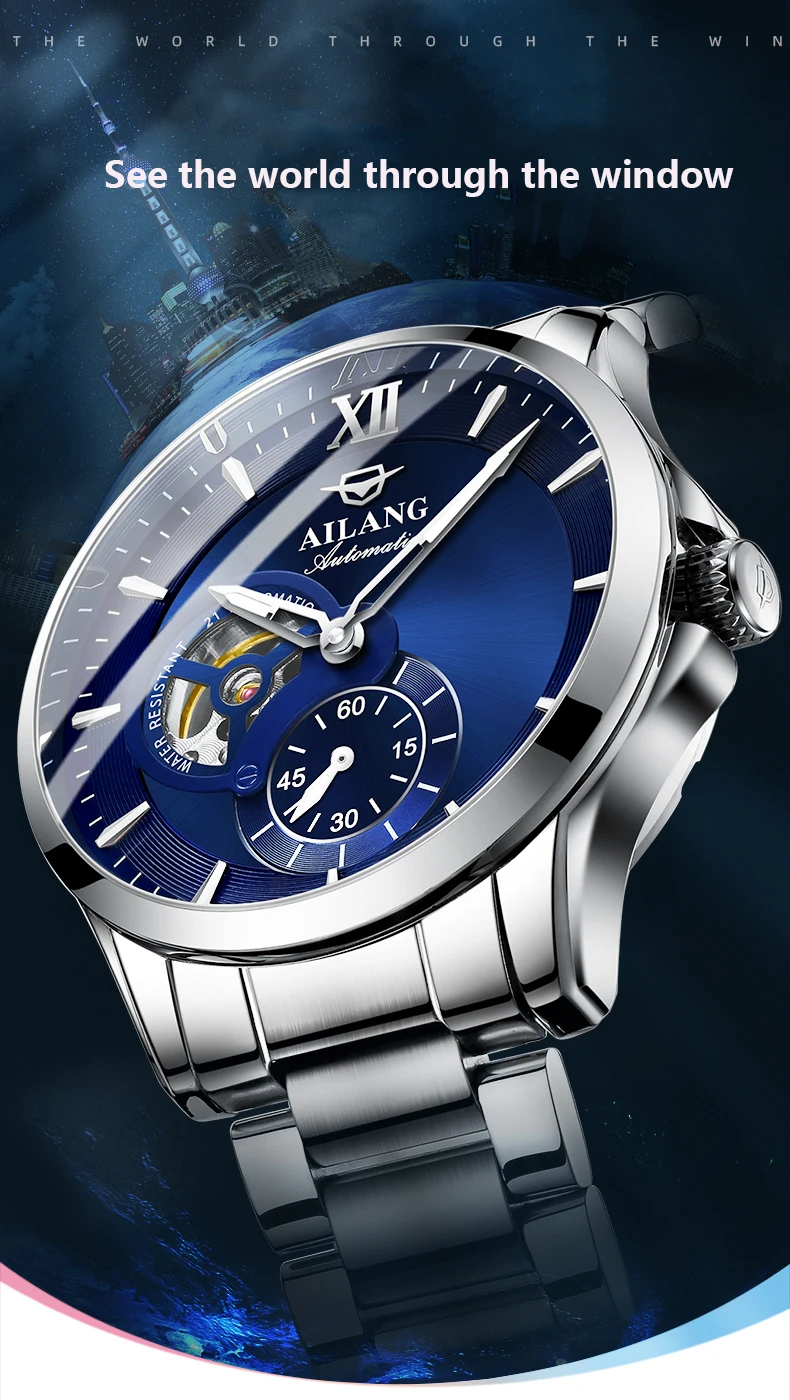AILANG 2024 Fashion Blue Mechanical Watch For Men Stainless Steel Mens Watches Top Brand Luxury Automatic Skeleton Wristwatches_voghion.com