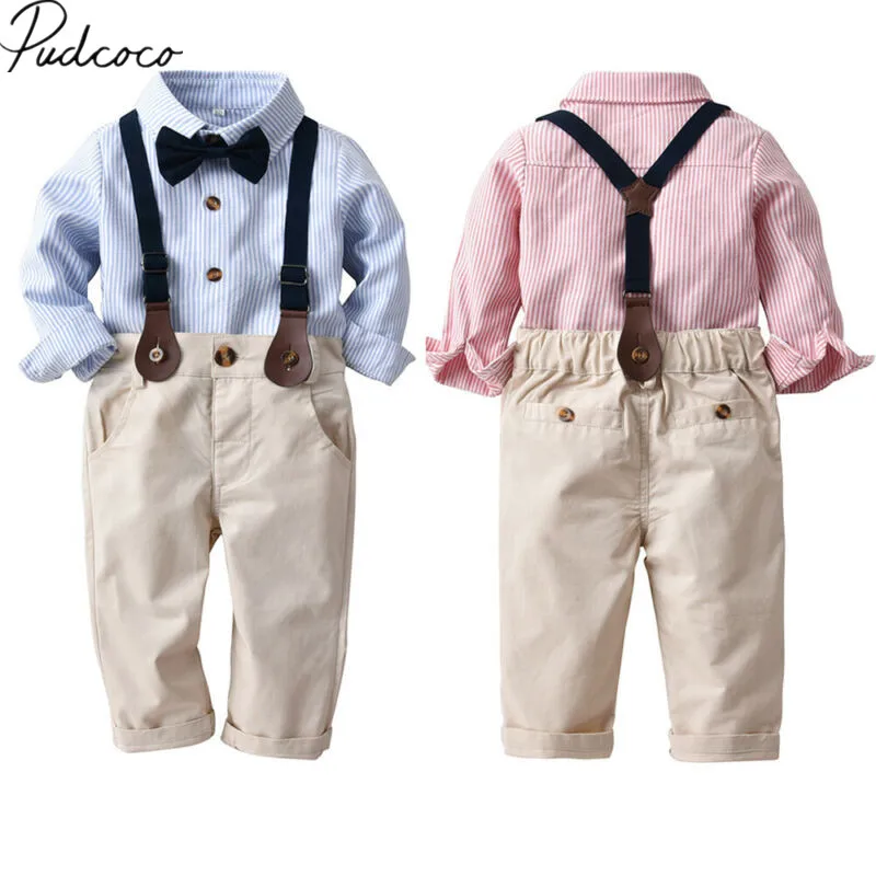 2019 Baby Spring Autumn Clothing Kids Boy Formal Gentleman Clothes Long Sleeve Striped Shirt+Overall Pants Fall 2Pcs Set |
