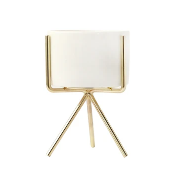 

New Set Of 3Pcs Ceramic Flower Planters With Iron Shelf Succulent Plant Pot Home Decorative Flower Vase Without Hole(Gold)