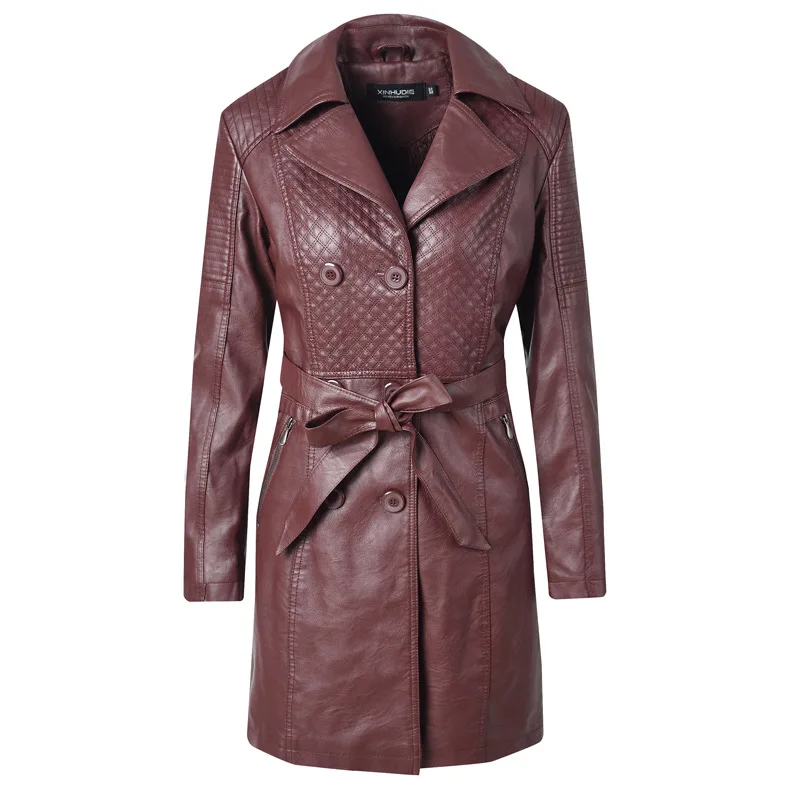 

Women's PU Coat Straight Belt Bow Single-Breasted Office Lady Cashmere Liner Winter Warm Long Coats Woman Female Tops LS109