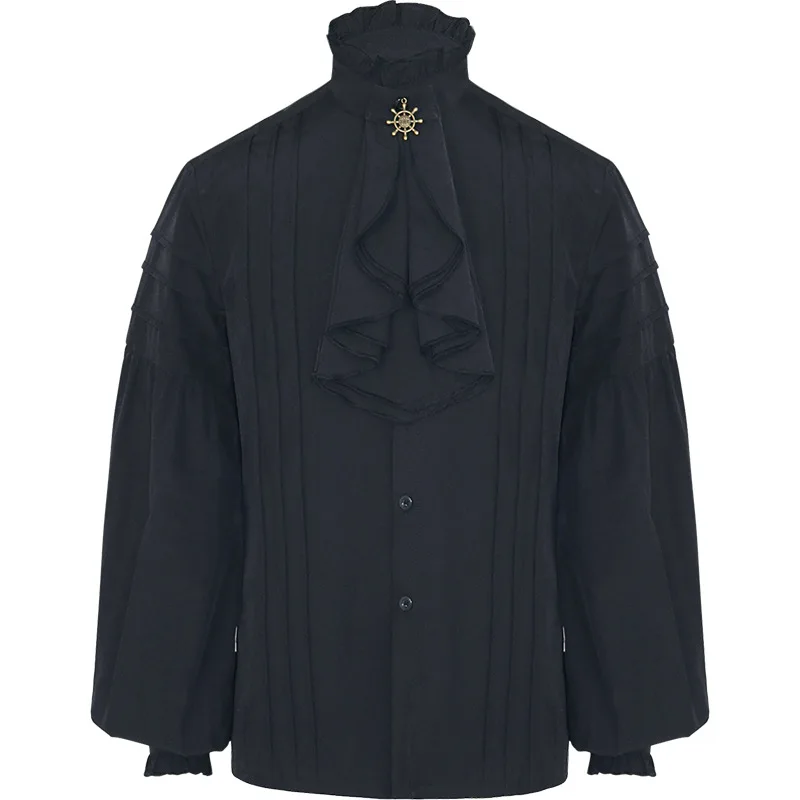 White Cotton Ruffles Stand Collar Lantern Sleeve Victorian Goth Shirt Men Medieval Top Vintage Clothes Male Party Banquet Wear