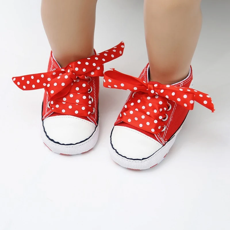 Spring Canvas Red Ribbon Cute Baby Shoes Newborn First Walkers Polka 