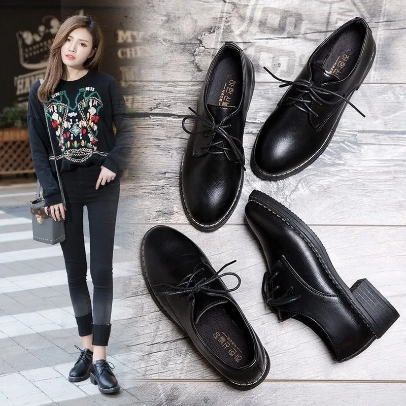 New Solid Leather Oxford Shoes for Women Flats Lace Up Square Low Heels Casual Shoes Woman Brogues Plus Size Zapatos De Mujer