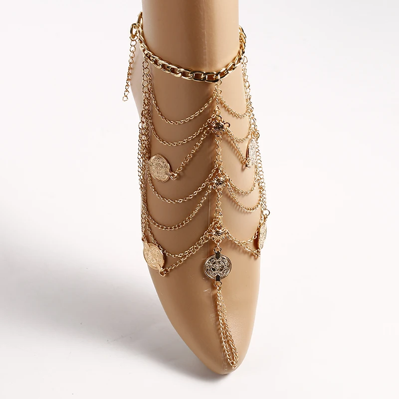 Summer Beach Barefoot Anklets Vintage Multilayer Tassel Coin Ankle Bracelet For Women Bohemian Fashion Jewelry Accessory
