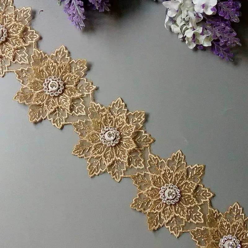 1 ярд Золотая жемчужина вышитая бисером Цветочная кружевная Лента отделка