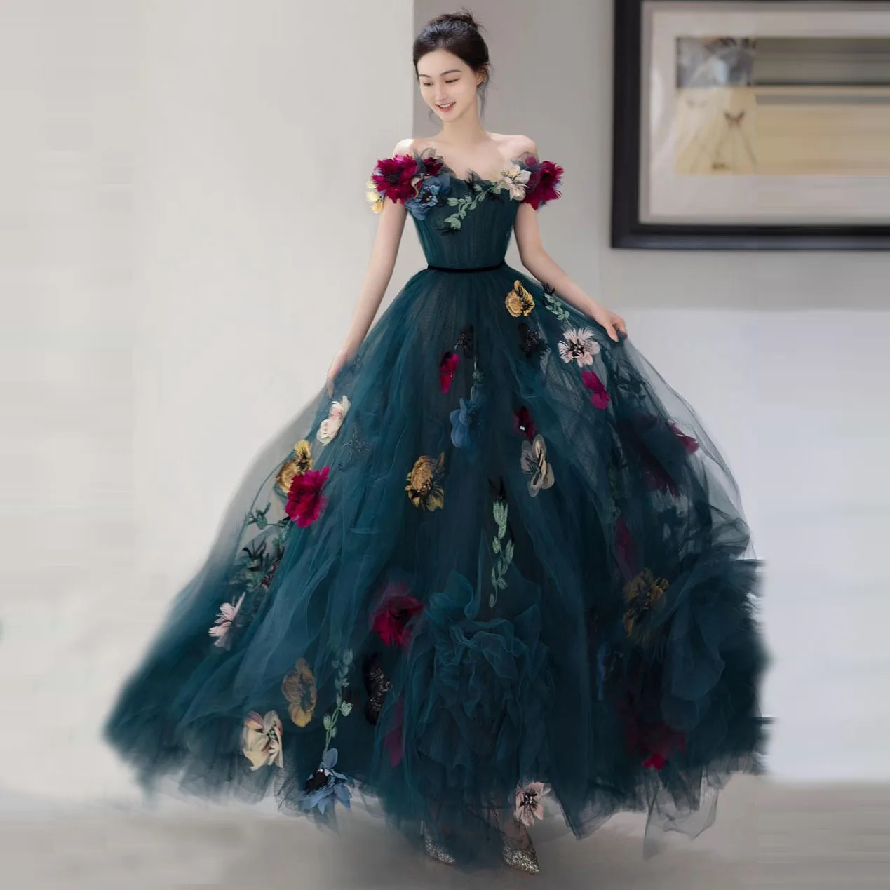 

Off-Shoulder Dark Blue Sweetheart Tulle Dress Lush A-Line Floral Dresses 3D Flowered Evening Dress 2023 Ever Pretty Plus Size