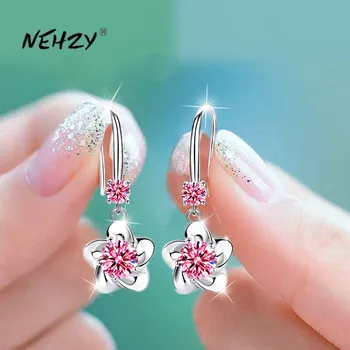 NEHZY 925 sterling silver new women's fashion jewelry pink blue white crystal zircon long tassel flower hook type earrings 1