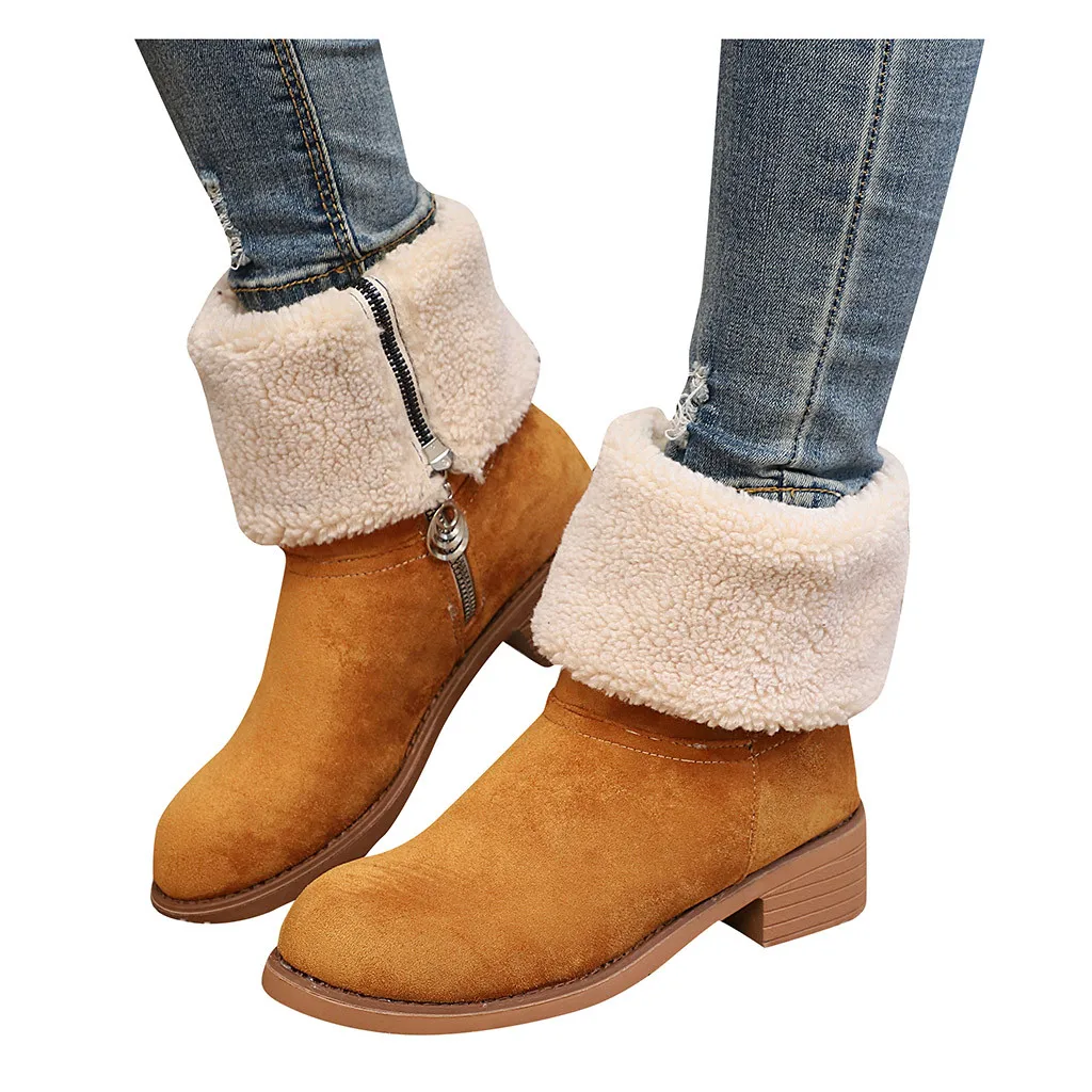 

Women's Boots brown Winter Snow Boots Solid Color Mid-Calf Puppy Heel Flock Zipper Bootie Cowboy Warm lambswool Insole Shoes