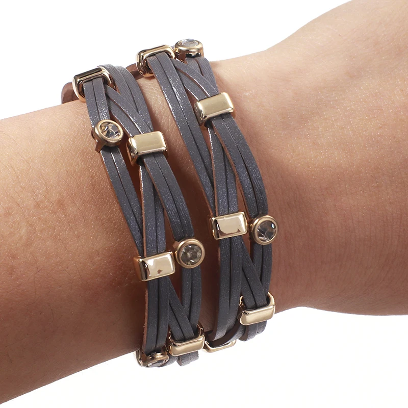 ALLYES Стразы Boho кожаные браслеты для женщин Модные женские богемные Многослойные широкий браслет обруча женские ювелирные изделия - Окраска металла: Dark Grey