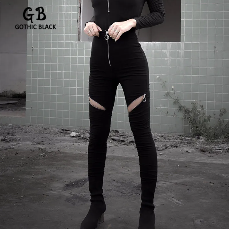Bodycon-Pants Streetwear Punk Goth High-Waist Women Spring Elasticity Black Female Zipper