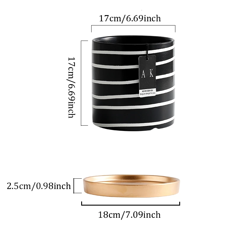 Черный и белый полосатый керамический цветочный горшок с поддоном круглый Настольный цветочный контейнер для украшения дома - Цвет: L