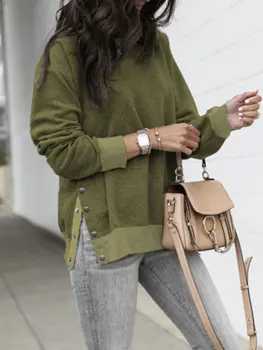 

2019 Autumn Sweatshirt Women O-Neck Long Sleeve Side Slit Patchwork Sweatshirt Button Pullovers Sweatshirt Top Girls Fashion