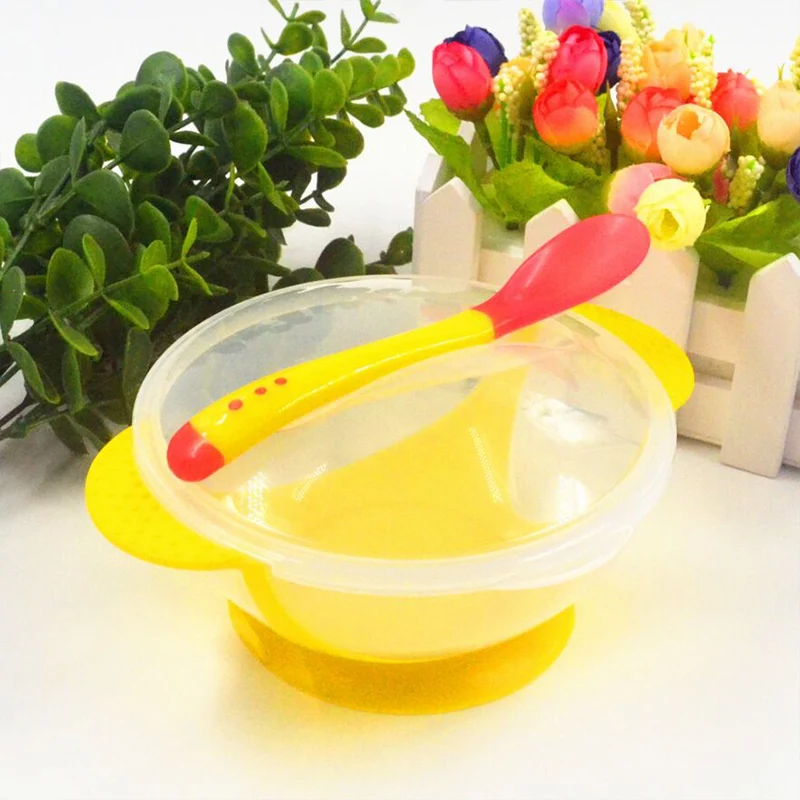 Детская миска на присоске, детская посуда, обучающее детское блюдо с чашей, набор из полипропилена, чувствительная температура, миска для кормления ребенка, ложка, посуда - Цвет: Yellow