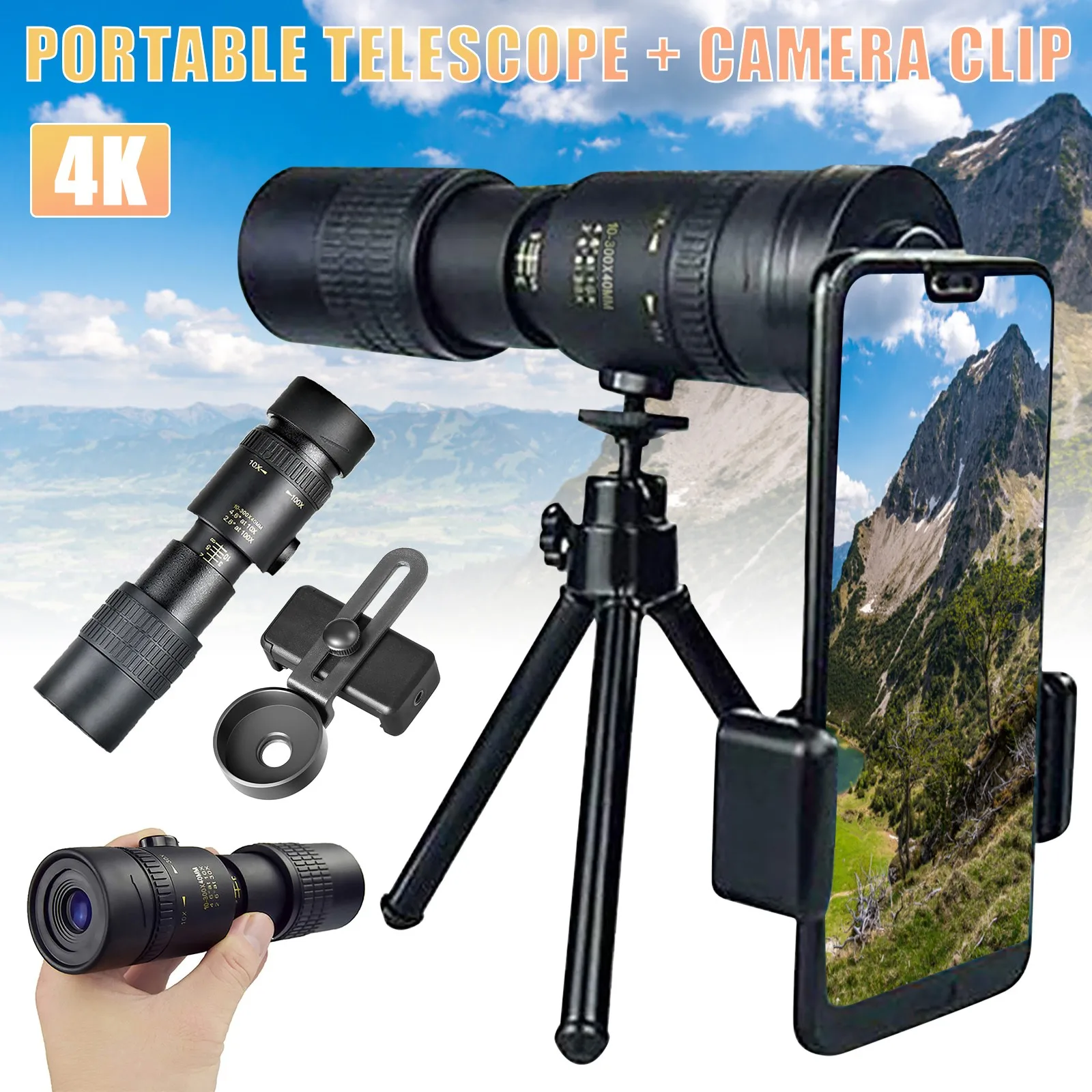 4K 10-300x40mm Small monoculars for night camping observation Super Telephoto Zoom Monocular Telescope With Accessories | Инструменты