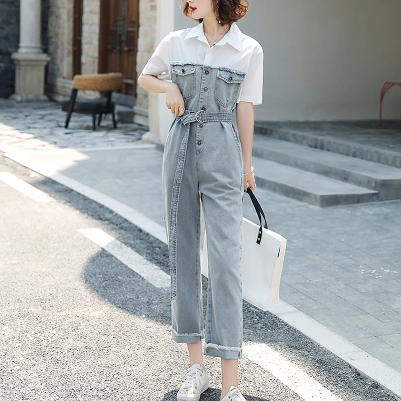 

Vintage Long Jumpsuits Women Short Sleeve Shirt Denim Patchwork Overalls Summer Straight Trousers Romper Casual Playsuits