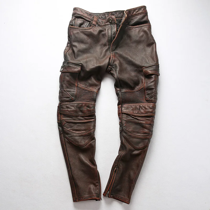 

2019 men's genuine leather long pants slim fit motorcycle pants men vintage cow leather trousers male casual biker pants
