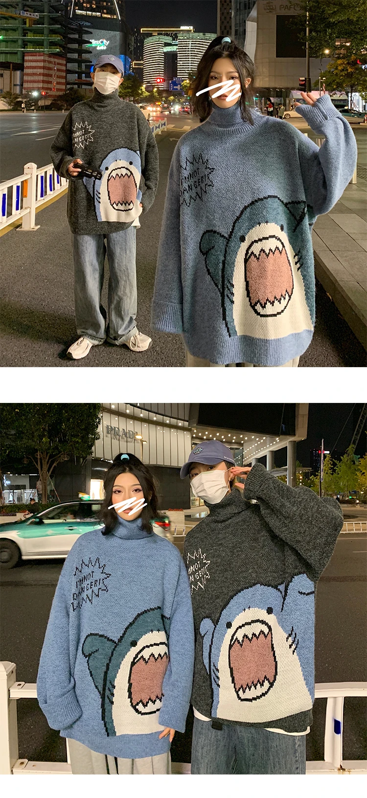 Men Turtlenecks Oversized Sweater Shark Letter JKP4765