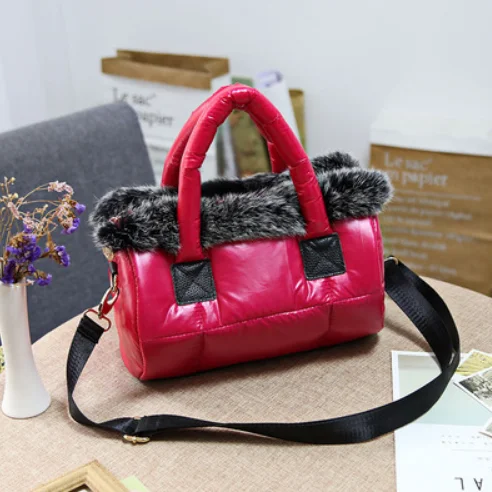 Down bag winter new women's bag space cotton bag rabbit fur fur bag shoulder Messenger bag luxury women designer handbags - Цвет: 7
