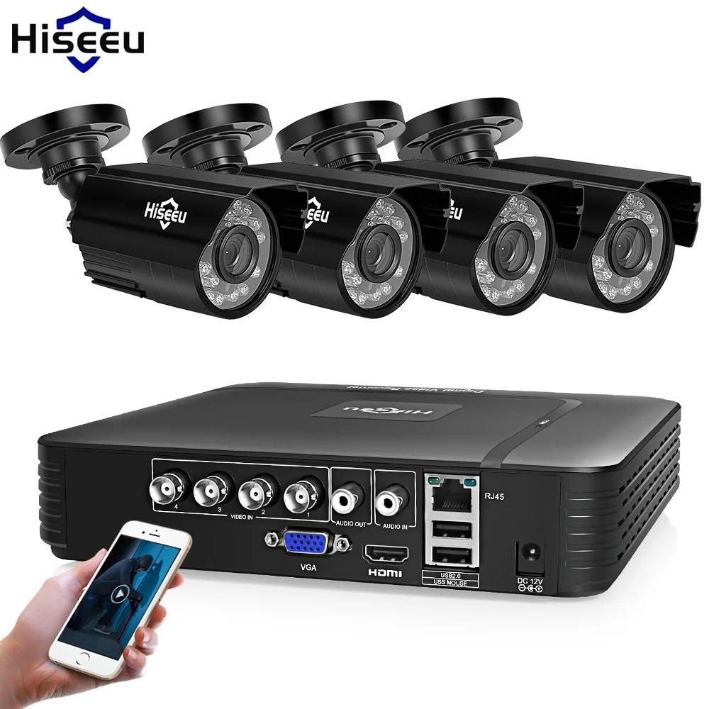 Hiseeu AHD Home Security Cameras System Video Surveillance Kit CCTV 4CH 720P 4PCS Outdoor AHD Security Camera System