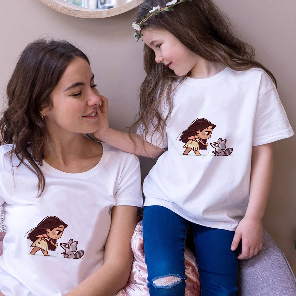 Familia T camisa de Pocahontas mapache mujeres camiseta pantalón corto Casual de los niños de manga Tops de verano mamá y la hija de ropa