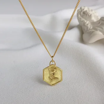 

Rose Hexagon Pendant Necklace Real 925 Sterling Silver Rose Flower Geometric Necklace Gold Chain Necklace Women Lover's Gift
