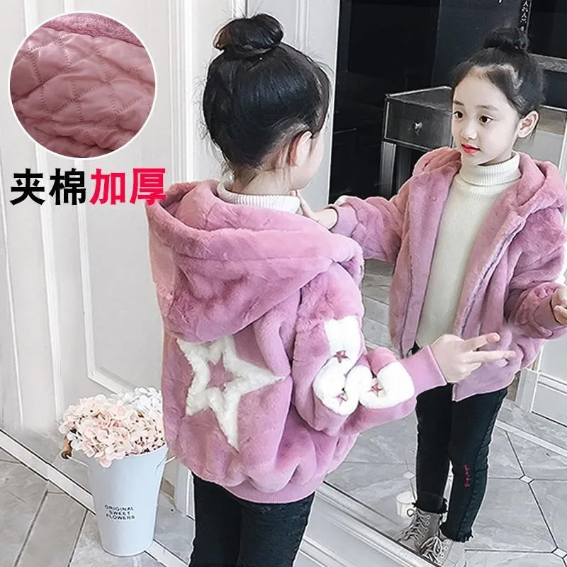 

Spring Winter Girl Coat Jackets Warm Star Hooded Collar Clothing Kids Teenage Children Beige Red Black Tops Plus Cashmere Thicke
