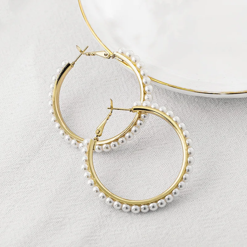 European Style Big Circle Hoop Earrings for Women High Quality Delicate Pearl Statement Earring Gold Color Jewelry Party Gift | Украшения и