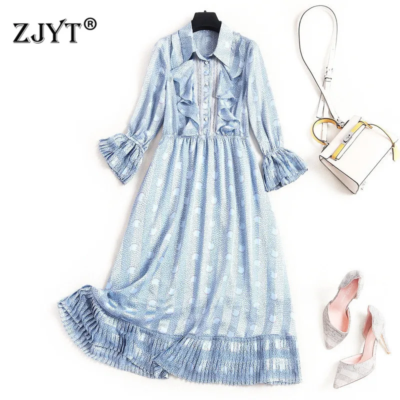

High Quality Spring Runway Designer Women Dress 2020 New Fashion Flare Sleeves Beading Ruffle Patchwork Print Casual Dresses