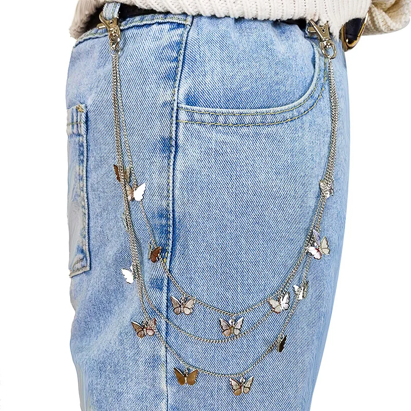 Punk Street Butterfly Belt Waist Chain Male Women Pants Chain Multi Layer HipHop Hook Trousers Keychain Jewelry