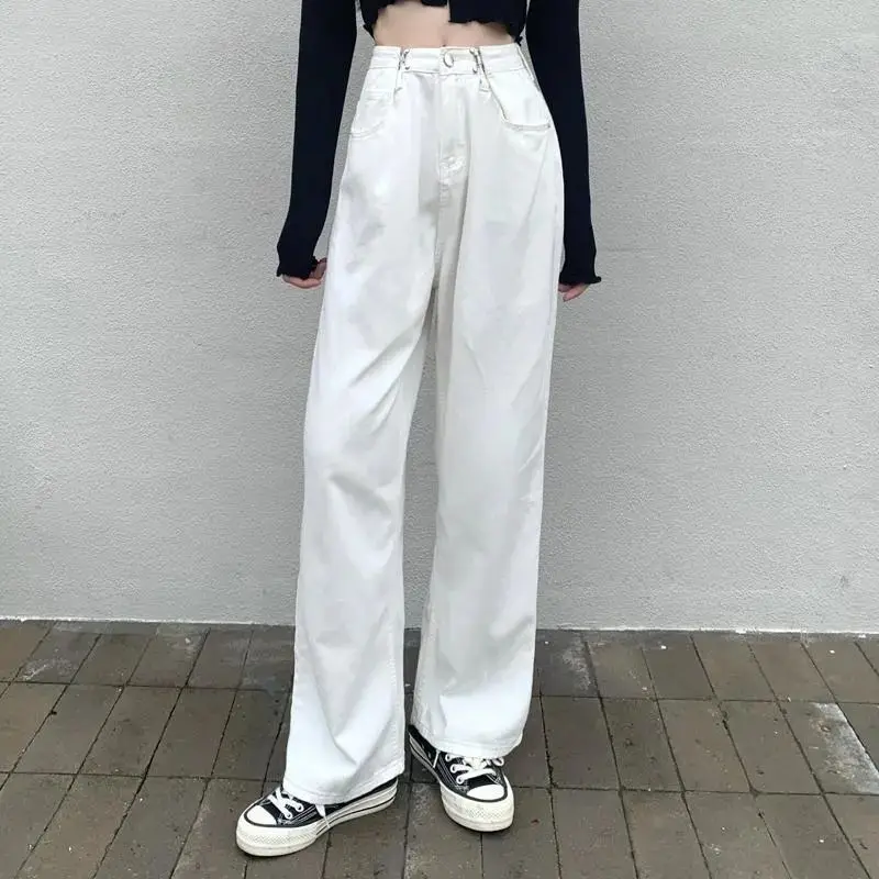 

High Street White Jeans Women office lady Wide Leg Straight Trousers cotton Loose Retro Womens Casual Denim Pants New