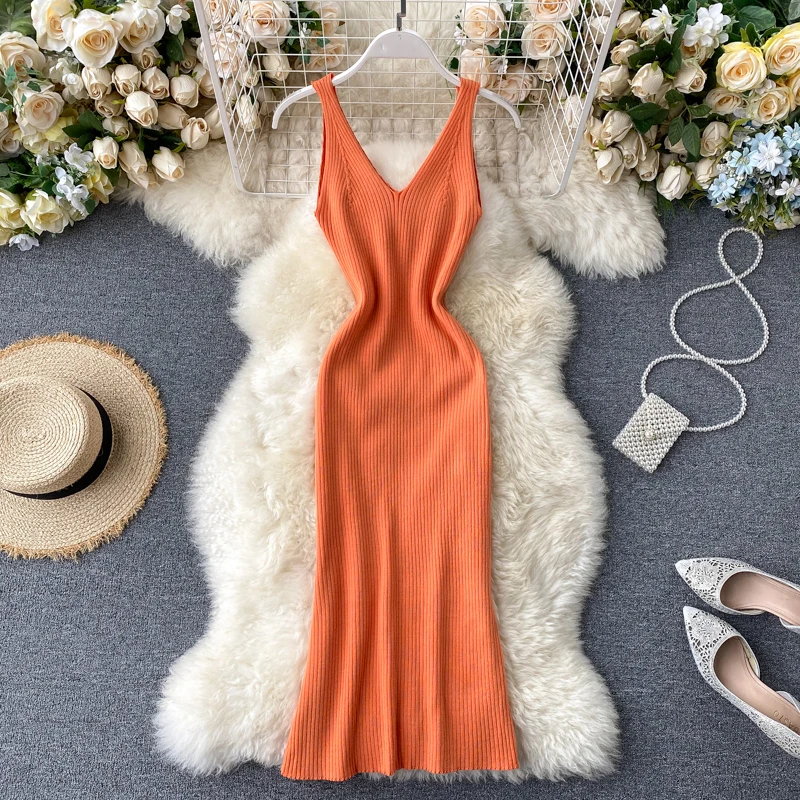 2020 sexy Slim v neck Knitted Midi Dress tank sundresss vestido de fiesta split Summer Party Women Casual Knee Length dress