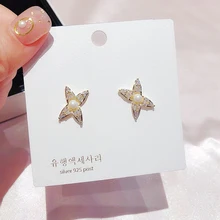 Изысканные серьги-гвоздики с кубическим цирконием и камнем золотого цвета, Мини имитация жемчуга, модные женские серьги, ювелирные изделия