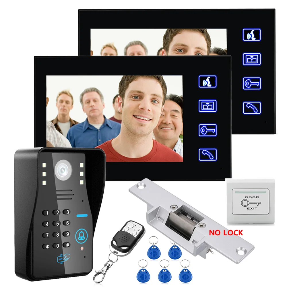 7\ Two Monitors RFID Password Video Door Phone Intercom Doorbell With IR Camera 1000 TV Line With NO-Electric Strike Door Lock