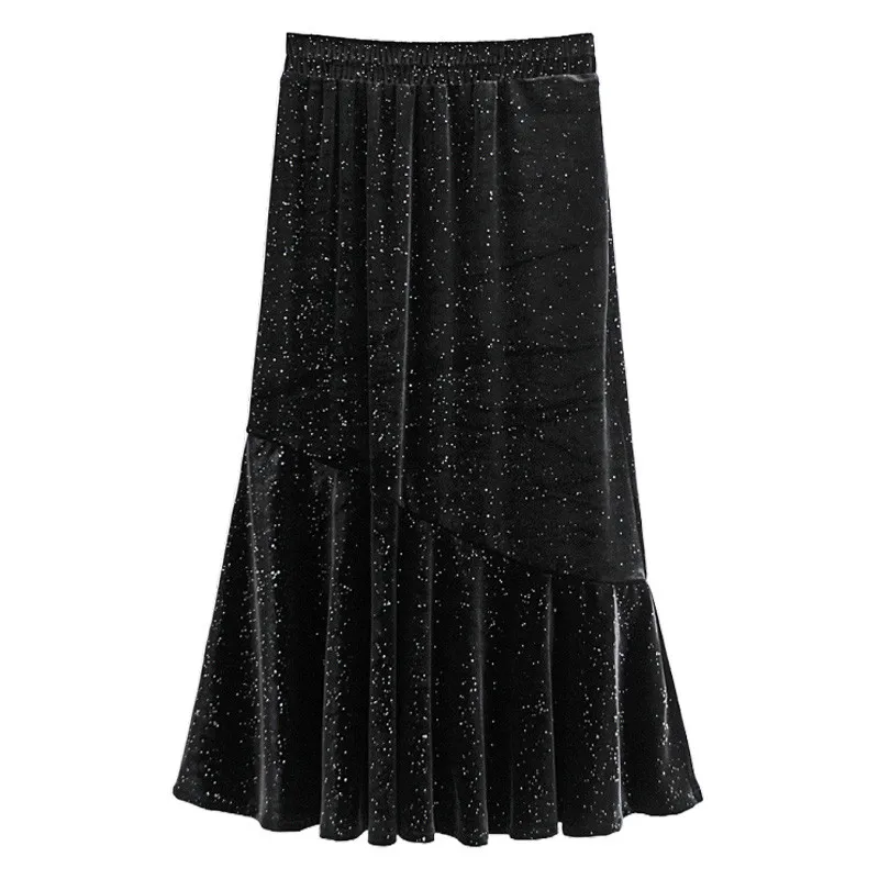 

Autumn and winter women's high waist velvet skirt, fishtail skirt, shiny elastic waist, fashionable temperament skirt, long skir