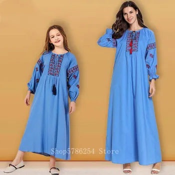 

Blue Embroidery Elegant Muslim Abaya Dress Girls Fashion Islamic Clothing Kaftan Turkish Parent-child Outfit Arab Ramadan Robe