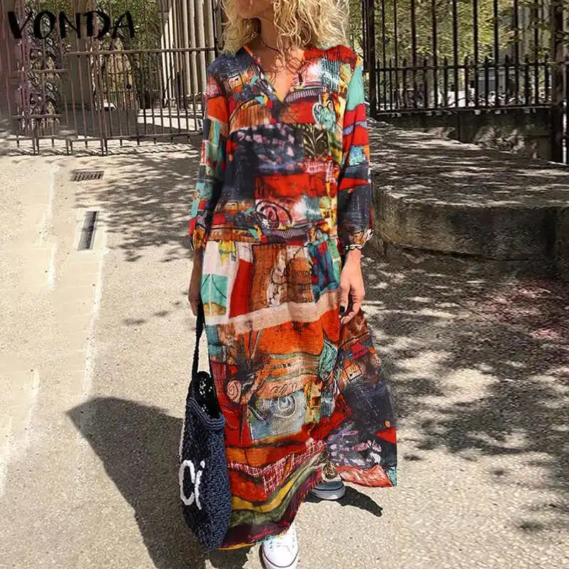 VONDA, женское винтажное платье с принтом для беременных, с длинным рукавом, v-образный вырез, богемные макси платья, повседневное, свободное, праздничное, Пляжное, Vestidos