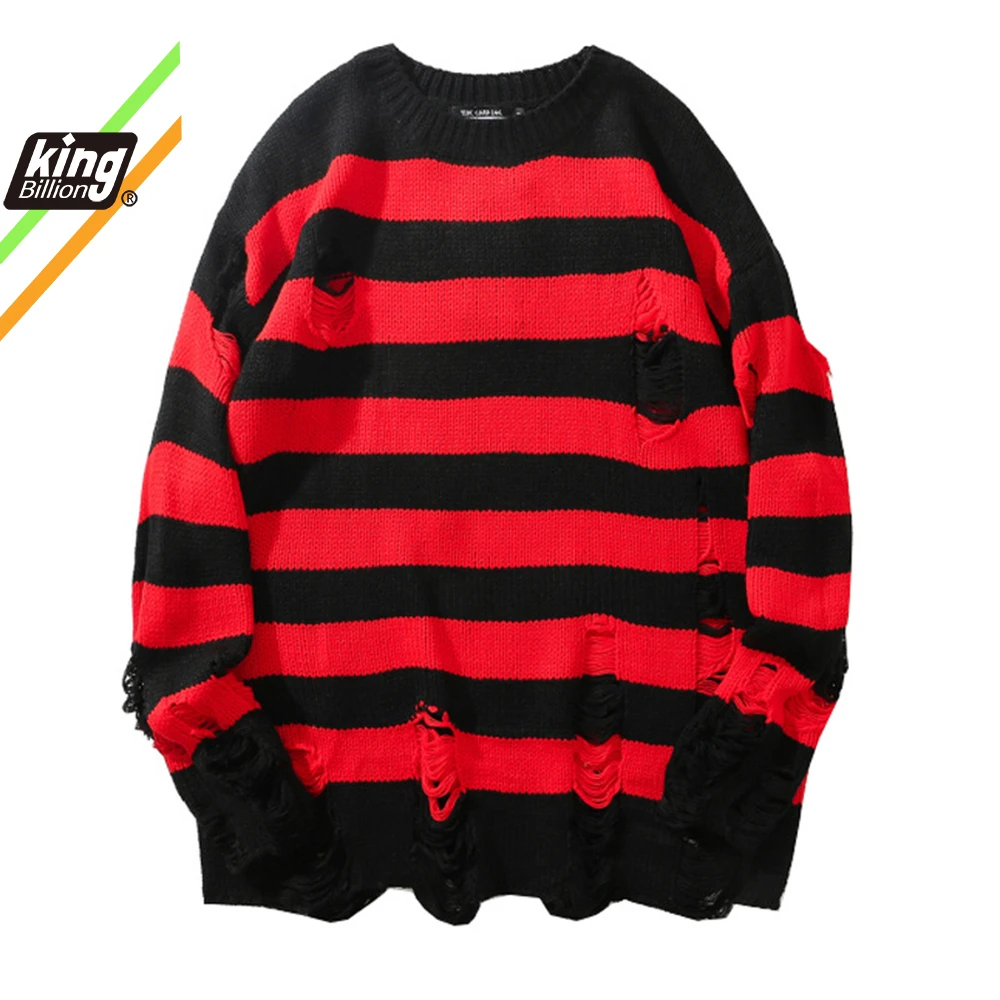Black Red Striped Sweaters Washed Destroyed Ripped Sweater Men Hole Knit Jumpers Men Women Oversized Sweater Harajuku mens roll neck jumper