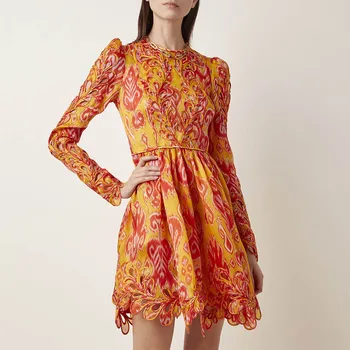 

2020 New Women's Orange Long Sleeve O-Neck Hollow Out High Waist A-line Dress Print Mini Dress Bodycon Club Party Dress Vestidos