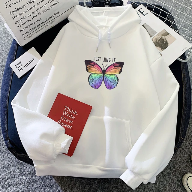 Fashion Autumn Women Hoodie Butterfly Sweatshirt Hoodies Letter Printed  Long-Sleeved Black Women Sweatshirt Top Kpop