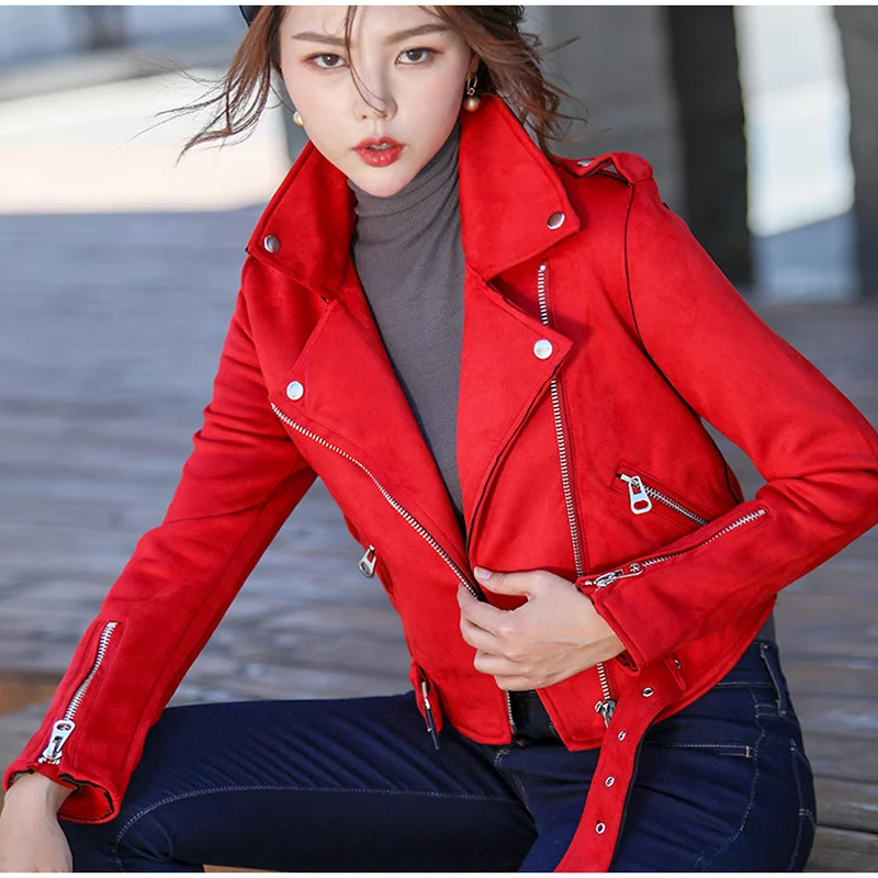 Короткая женская куртка из искусственной кожи и замши, мотоциклетная однотонная женская куртка на молнии, Осень-зима, красные женские байкерские куртки