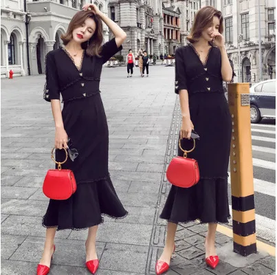Новинка, стильное летнее платье, винтажное женское длинное платье, Vestidos Longo, элегантное кружевное лоскутное черное платье-труба, вечерние платья HJ483