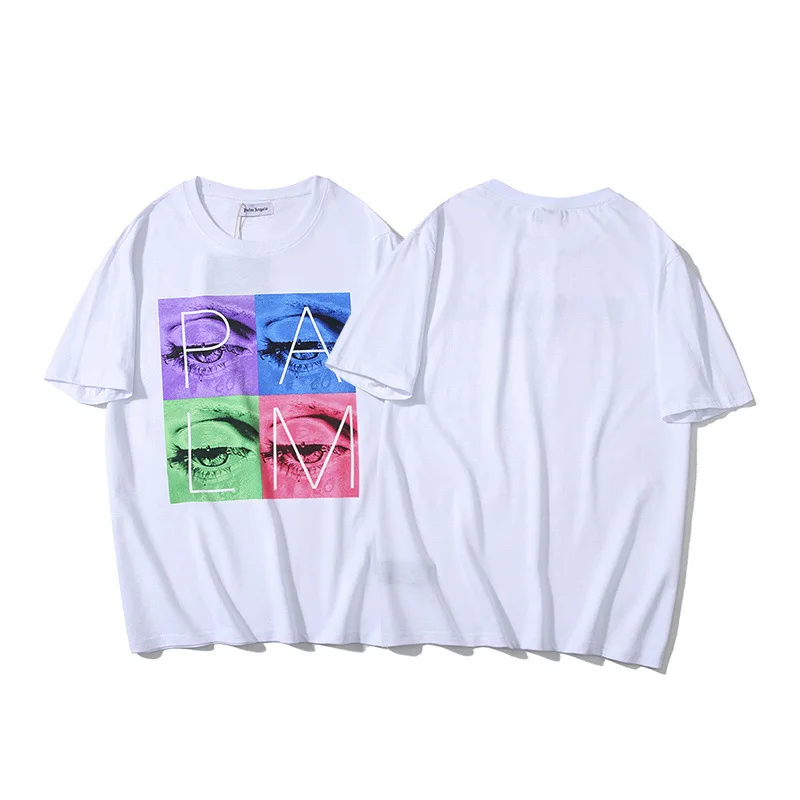 

20ss Palm Trees Angel Color Box Eyes Tears Short Sleeve T-shirt Summer Hot Selling Students Business Attire