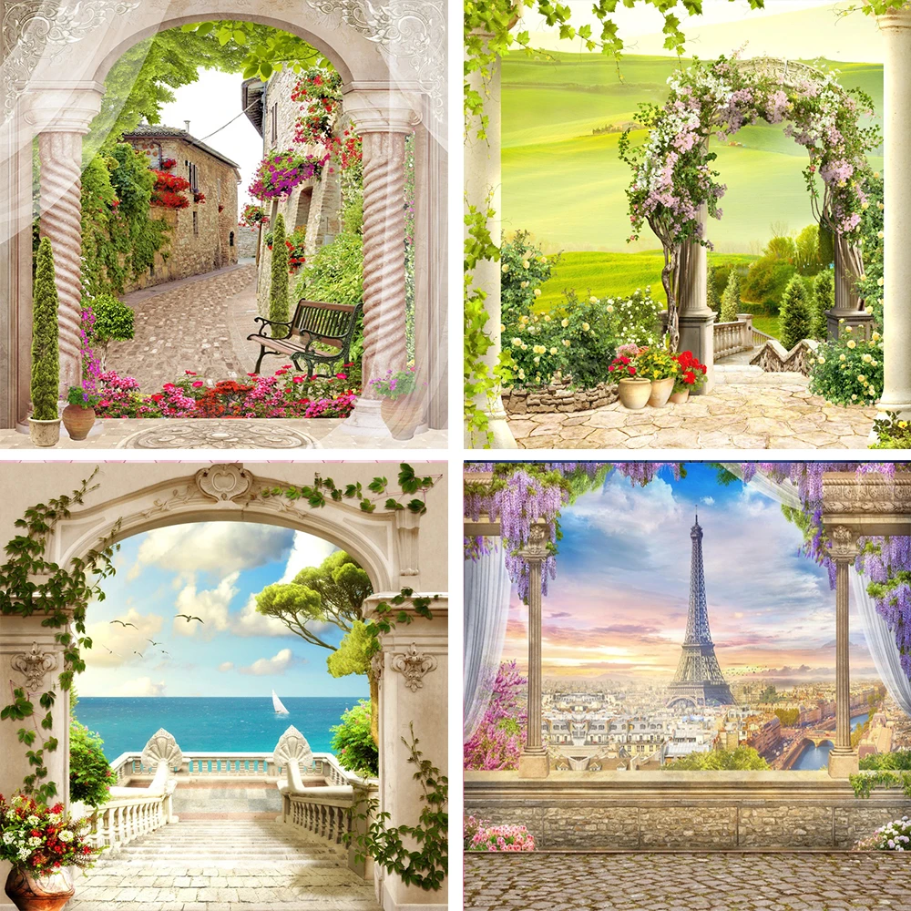 

Laeacco Vintage Old Town Arch Door Curtain Spring Flowers Alley Scenic Photographic Background Photo Backdrop For Photo Studio