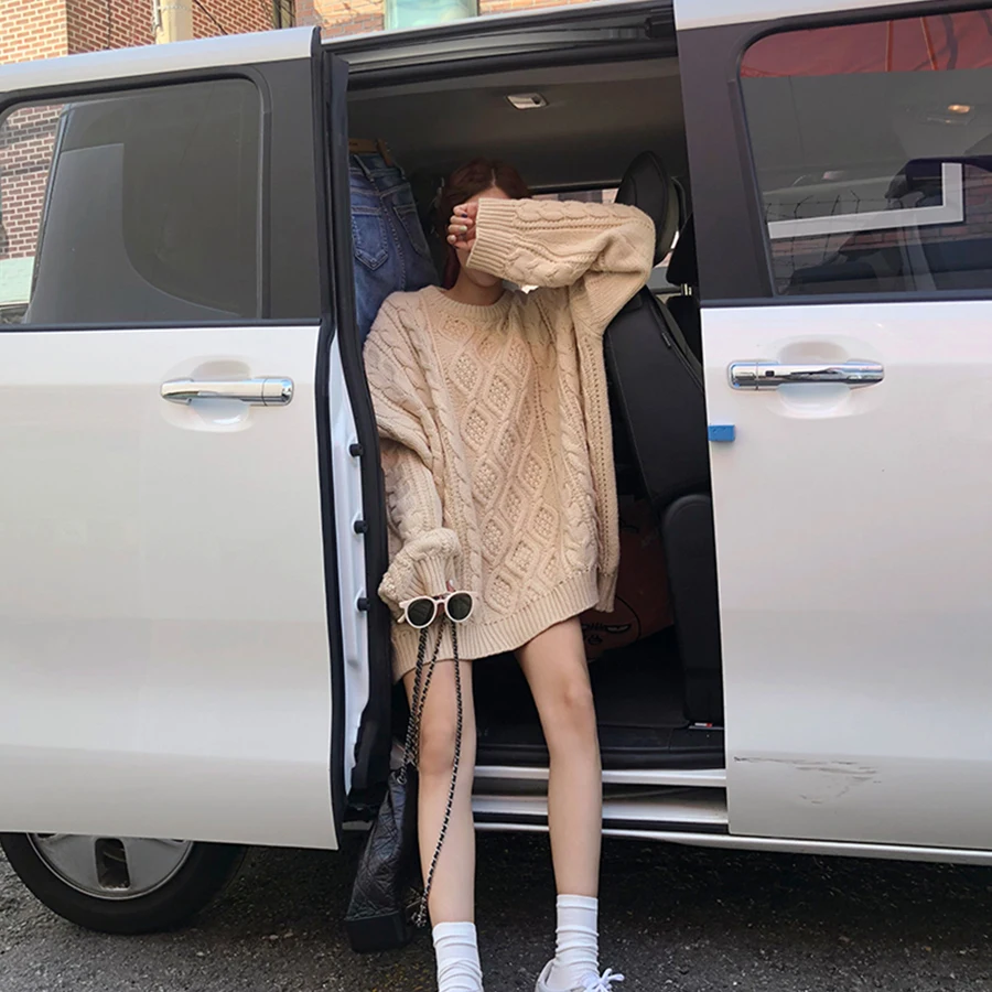 Harajuku Зимний милый элегантный свитер, вязаный пуловер для женщин, Корейская Повседневная Свободная уличная одежда с рукавами летучая мышь большого размера