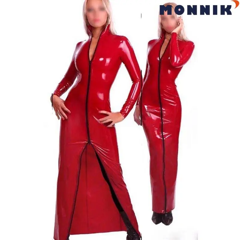

MONNIK latexRed Latex Dress Rubber Evening Dresses Sexy Party Long Sleeve Gown Gummi 0.4mm