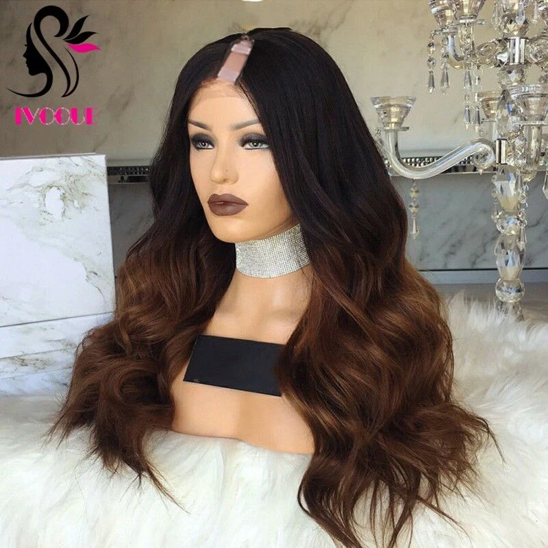 150% Density Brown Ombre Human Hair Wigs Natural Wave Malaysian Remy Glueless U Part Wigs Middle Right Left Upart 1