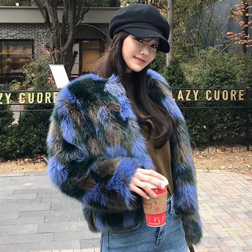 ANSFX, корейское длинное мохнатое пальто из искусственного меха синего контрастного цвета, стильная Женская Толстая теплая куртка с длинным рукавом, верхняя одежда, топы